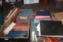 TWO BOXES OF VINTAGE BOOKS AND A BOX OF MISCELLANEOUS ENGRAVINGS, SCRAPS ETC,