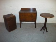 AN OAK ANTIQUE TWO DRAWER CHEST, A BEDSIDE CUPBOARD AND A PEDESTAL SIDE TABLE