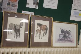 THREE FRAMED AND GLAZED PATRICK OXENHAM PRINTS TWO OF DONKEYS ONE OF HORSES
