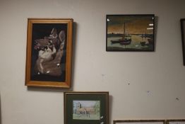 A FRAMED WATERCOLOUR OF A FISHING BOAT TOGETHER WITH A WATERCOLOUR OF A CHURCH AND A UNUSUAL PICTURE