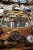THREE TRAYS OF ASSORTED METALWARE AND TREEN (TRAYS NOT INCLUDED)
