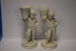 TWO BELLEEK FIGURES WITH GREEN MARKS TO BASE