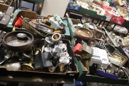 FOUR TRAYS OF ASSORTED METALWARE AND TREEN ITEMS ETC (TRAYS NOT INCLUDED)
