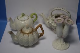 THREE BELLEEK TEAPOTS, ONE MISSING LID, TOGETHER WITH A BELLEEK VASE, ALL WITH BLACK STAMP TO BASE
