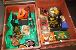 TWO TRAYS OF BREWIANA TO INCLUDE NINE PULL HEAD SIGNS, ASHTRYS ETC