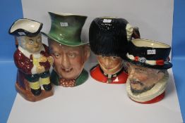 FOUR LARGE TOBY JUGS INCLUDING ROYAL DOULTON BEEFEATER, ROYAL DOULTON GUARDSMAN, BESWICK MICAWBER