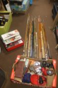 A COLLECTION OF VINTAGE FISHING RODS AND ACCESSORIES