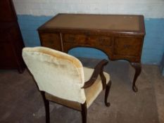 A REPRODUCTION QUEEN ANNE STYLE LEATHER INLAID DESK WITH MATCHING CHAIR