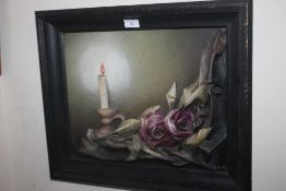 AN UNUSUAL 3D LEATHER PICTURE OF ROSES AND A CANDLESTICK 56 CM X 47 CM