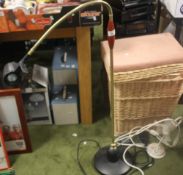 A ANGLE POISE LAMP, A MODERN TABLE LAMP AND A WICKER BASKET