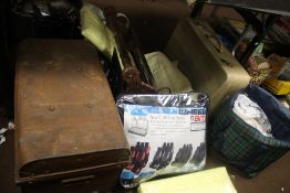 A TIN TRUNK, A SET OF CAR SEAT COVERS, BED LINEN ETC