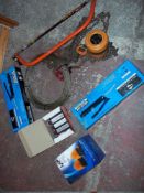 A SELECTION OF TOOLS AND INDUSTRIAL ITEMS TO INCLUDE TWO BOXED GREASE GUNS, A STIHL OIL CHAINSAW,