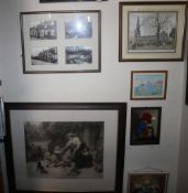 A FRAME OF FOUR PHOTOGRAPHS OF WOMBOURNE ETC TOGETHER WITH A FRAMED AND GLAZED ENGRAVING SIGNED 