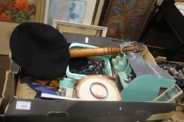 A TRAY OF COLLECTABLES TO INCLUDE A TRUNCHEON, HAT, ETC