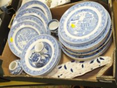 THREE TRAYS OF BLUE AND WHITE CHINA TO INCLUDE ANTIQUE MEAT PLATES, VICTORIA PATTERN JUG AND BOWL