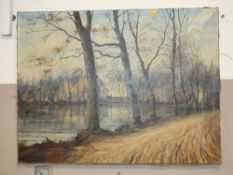 A WOODLAND RIVER SCENE WITH COTTAGE, SIGNED HERMAN HEUER LOWER LEFT, 60 X 80 CM