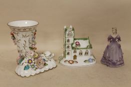 A COALBROOKDALE BY COALPORT BOOK, A COALPORT CHURCH, AND A COALPORT A LADY (HEAD REGLUED)