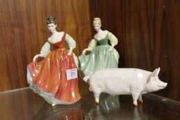 TWO ROYAL DOULTON FIGURINES, FAIR LADY HN2193 IN GREEN COLOURWAY TOGETHER WITH FAIR LADY IN RED