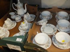 TWO TRAYS OF ROYAL ALBERT BRIGADOON CHINA TO INCLUDE A COFFEE POT, CUPS AND SAUCERS ETC.