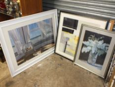 A LARGE MODERN FRAMED AND GLAZED PRINT DEPICTING AN INTERIOR SCENE ENTITLED BAY WINDOW BY KAREN