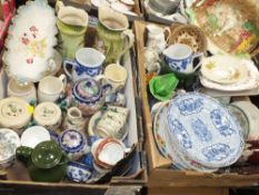 TWO TRAYS OF ASSORTED CERAMICS TO INCLUDE A TWO PERSON JAPANESE TEA SET, ANTIQUE FLORAL JUGS ETC.