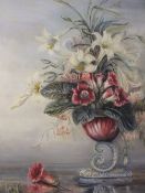 A LARGE GILT FRAMED STILL LIFE FLORAL OIL ON CANVAS MONOGRAMMED 'CJ' LOWER RIGHT 75 X 49.5 CM