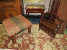 A MODERN LAMP TABLE, UPHOLSTERED STOOL AND A PAPER RACK (3)