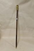 A THREE SECTION UNUSUAL BRASS MOUNTED CANE, MOUNTED WITH A SCREW FITTED TELESCOPE, INSCRIBED 'I