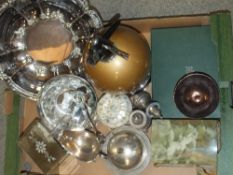 A RETRO SYPHON ON STAND TOGETHER WITH ASSORTED AN ONYX TRINKET BOX, SILVER PLATED WARE ETC.