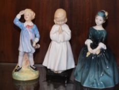 A ROYAL DOULTON FIGURINE LITTLE BOY BLUE HN2062 TOGETHER WITH BED TIME AND CHERIE HN2341 (MARKED