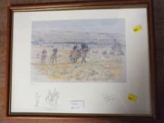 A FRAMED AND GLAZED SIGNED LIMITED EDITION PRINT ENTITLED 'JACKDAWS CASTLE GALLOPS' BY RAFNA