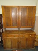 A LARGE ANTIQUE OAK HOUSEKEEPERS CUPBOARD H-244 CM W-184 CM A/F