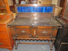 AN ANTIQUE MARBLE AND TILE TOPPED OAK WASHSTAND W-107 CM