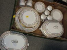 A TRAY OF SPODE SHARRATON PATTERN CHINA TO INCLUDE TUREENS, DINNER PLATES, CUPS AND SAUCERS ETC.