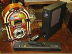 A JUKEBOX STYLE RADIO/STEREO A SONY SOUNDBAR AND SUBWOOFER A/F