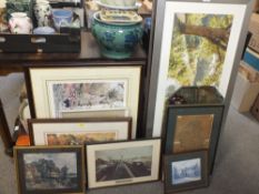 A QUANTITY OF ASSORTED PICTURES AND PRINTS TO INC A MODERN WOODLAND SCENE WITH TEXTURED GLASS, OAK