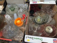 TWO TRAYS OF ASSORTED GLASSWARE TO INCLUDE COLOURED GLASS DRINKING GLASSES, STUDIO GLASS BOWL ETC.