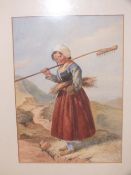 A GILT FRAMED AND GLAZED WATERCOLOUR FULL LENGTH PORTRAIT OF A LADY GATHERING CORN INDISTINCTLY