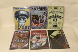 SIX REPRODUCTION METAL SIGNS TO INCLUDE MICHELIN AND BLACK SABBATH