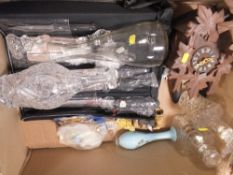 A BOX OF COLLECTABLES TO INCLUDE A CUCKOO CLOCK, GLASS DECANTERS, CHEFS KNIVES ETC.