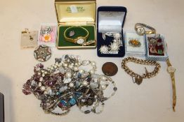 A TRAY OF COSTUME JEWELLERY TO INCLUDE A MICRO MOSAIC BROOCH, 9 CT GOLD WATCH ETC.