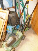 AN ELECTRIC LAWNMOWER TOGETHER WITH AN ELECTRIC BOSCH STRIMMER AND A SMALL COLLECTION OF GARDEN
