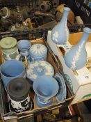 A SMALL BOX OF WEDGWOOD JASPERWARE