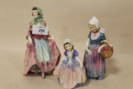 A ROYAL DOULTON FIGURINE SUZETTE HN1487 TOGETHER WITH TWO SMALLER FIGURINES (BOTH WITH HEADS