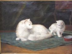 A GILT FRAMED OIL ON CANVAS DEPICTING A CAT AND KITTEN SIGNED LOWER RIGHT BUT INDISTINCT 56.5 X 76.5
