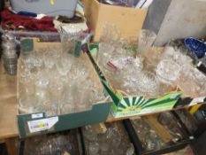 THREE TRAYS OF ASSORTED GLASSWARE TO INCLUDE A CUT GLASS DECANTER, SILVER RIMMED VASE, CUT GLASS