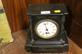 A SLATE MANTEL CLOCK, NO GLASS, WORKING CAPACITY UNKNOWN