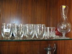 A SET OF EIGHT JOHN ROCHA WATERFORD CRYSTAL DRINKING GLASSES TOGETHER WITH A DECANTER ETC. (12)