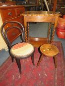 A SMALL OAK BARLEYTWIST OCCASIONAL TABLE WITH A CHILDS BENTWOOD CHAIR AND A STOOL - STOOL A/F