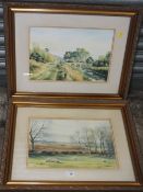 A PAIR OF GILT FRAMED WATERCOLOUR LANDSCAPES SIGNED 'MICK TURLEY' 27 X 38 CM (2)